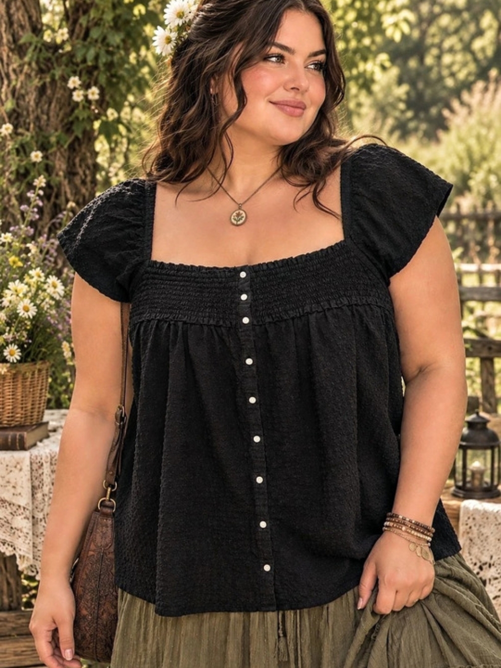 Old Navy Puff-Sleeve Smocked Button-Down Blouse Black 3X Cottagecore Boho
